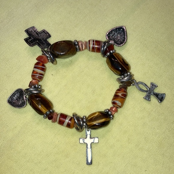 CHRISTIAN BRACELET, ST stretch W/ shades of brown,3 crosses, 2 hearts $15 - Picture 2 of 6